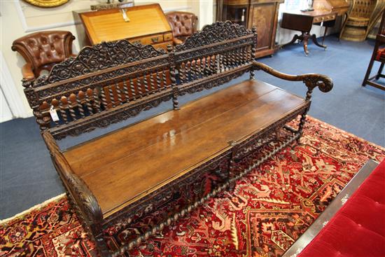 A late 19th century Indo-Portuguese hardwood settee, W.6ft 6in. D.2ft 3in. H.3ft 5in.